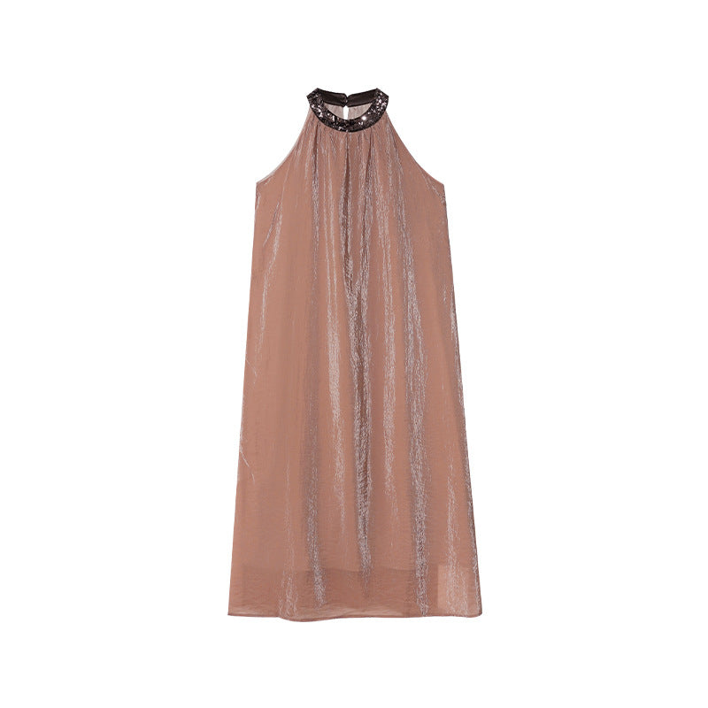 Contrast Color Halter Neck Sleeveless A-Line Maxi Dress