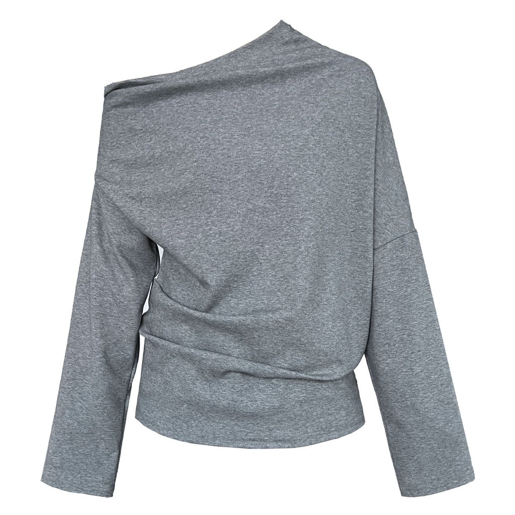 Irregular design slanted shoulder long-sleeved sweater women's autumn new lazy Sorona off-the-shoulder top