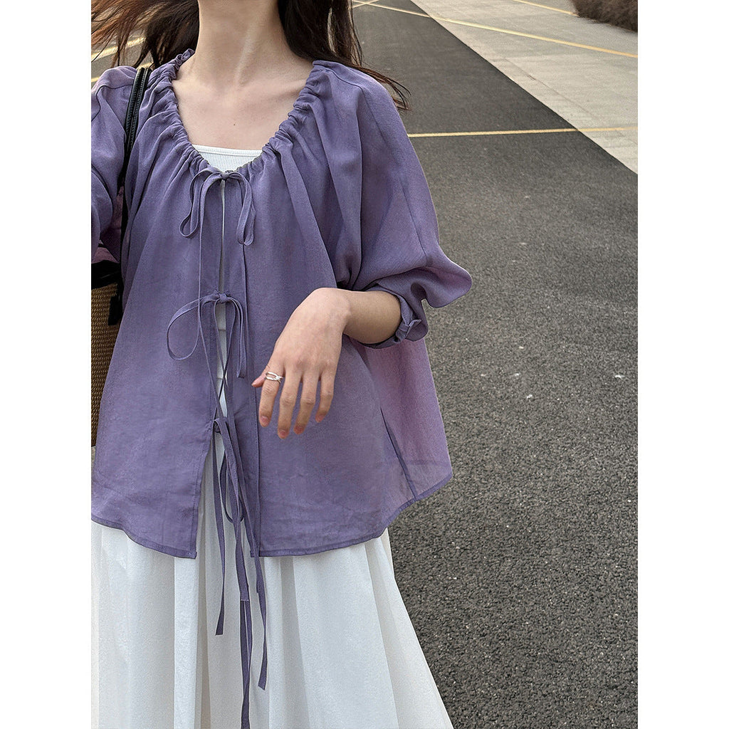 Korean drawstring shirt top women's spring new V-neck sunscreen shirt lace-up cardigan