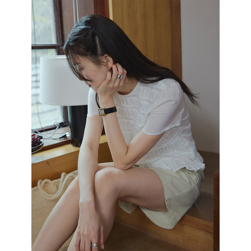 Heavy industry lace splicing round neck meat-covering and thin shirt summer short sleeves