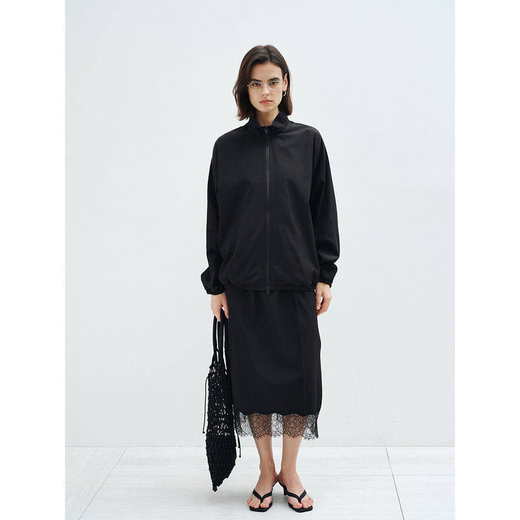 Spring solid color minimalist silk wool stand-up collar lazy slack jacket