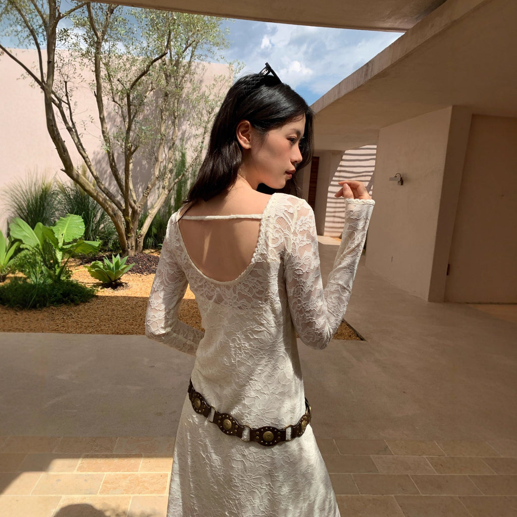 French celebrity temperament waist hip hollow lace dress women F6630