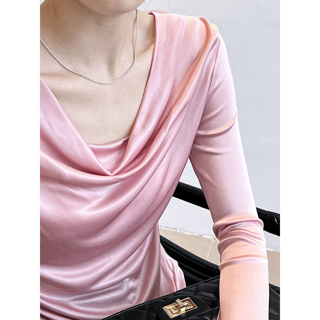 High-end design sense stacked collar irregular long-sleeved acetic acid T-shirt women's pure desire bottoming shirt top 2605