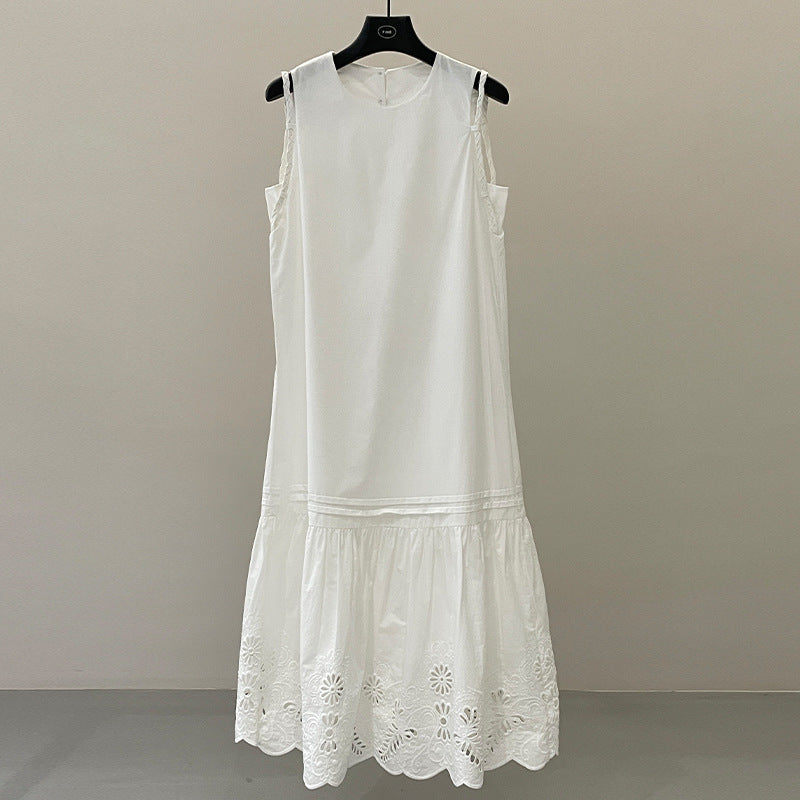 Spring and summer white sleeveless dress heavy industry embroidered fishtail skirt loose and thin holiday dress