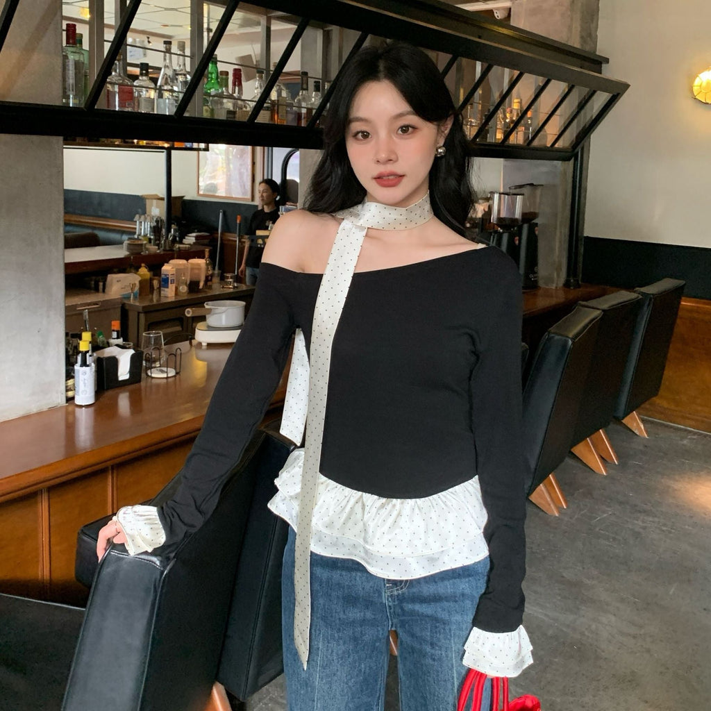 Pure desire sexy royal sister style slanted shoulders slim long-sleeved T-shirt