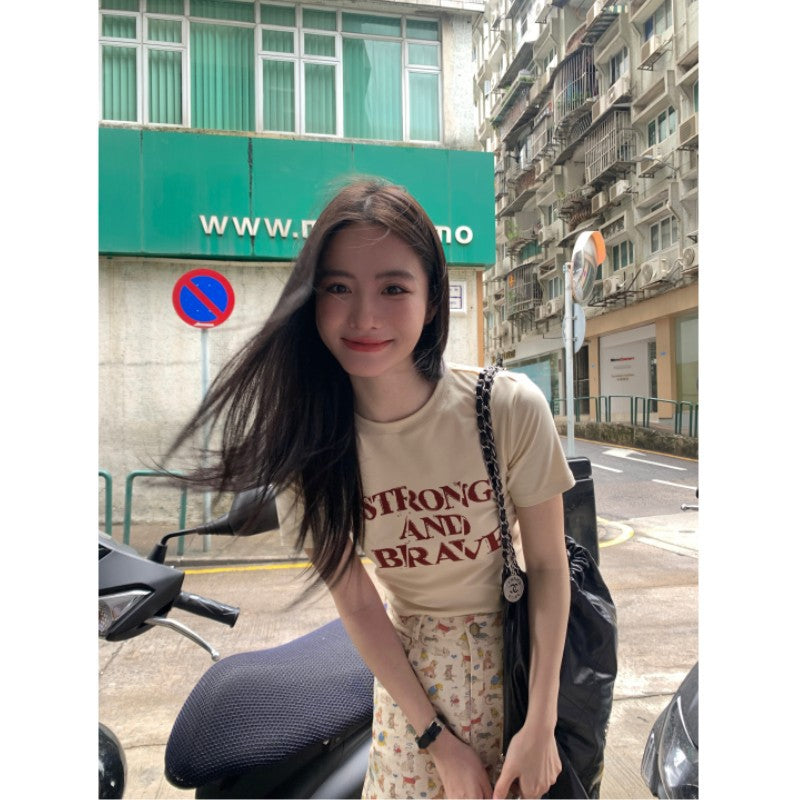 Letter print t-shirt women's short-sleeved fashion crew neck small top