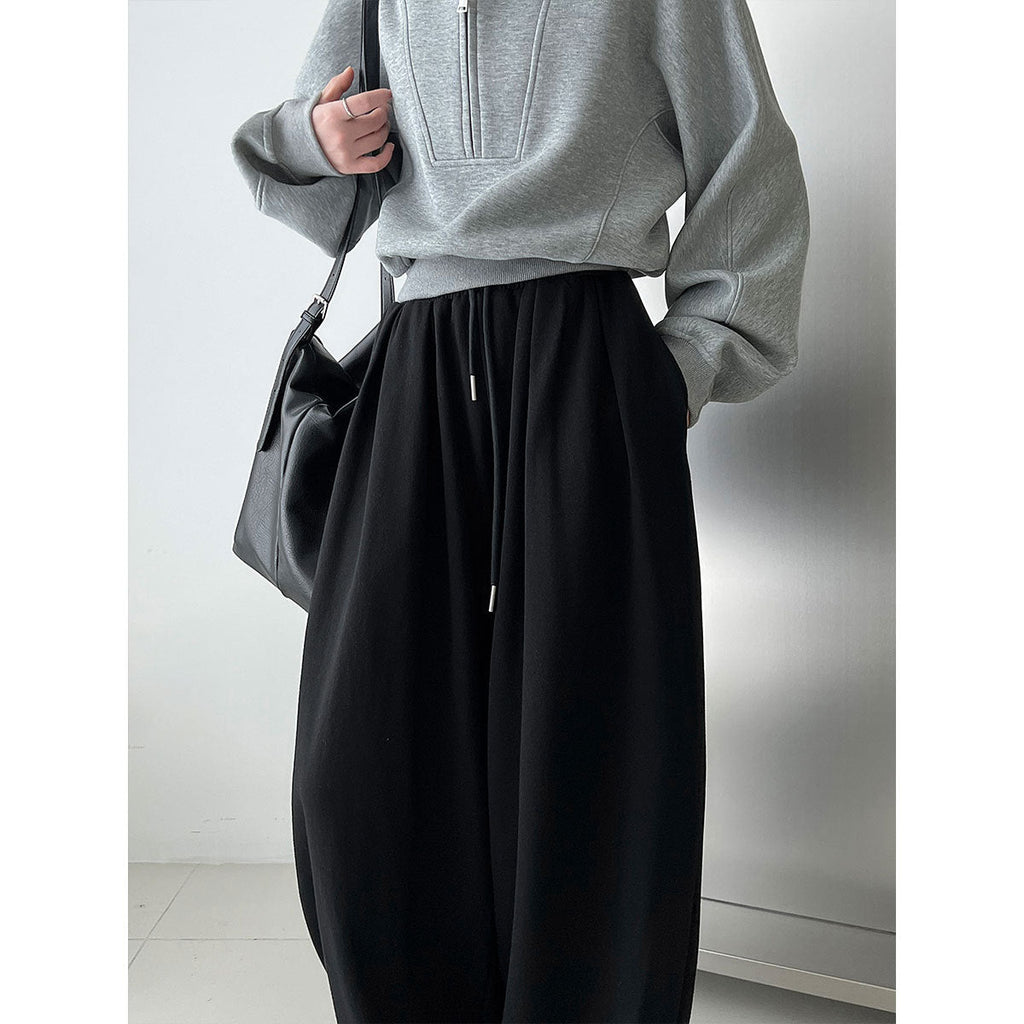 American sports high waist wide legs casual pleated design sweatpants women's autumn new drawstring drape trousers
