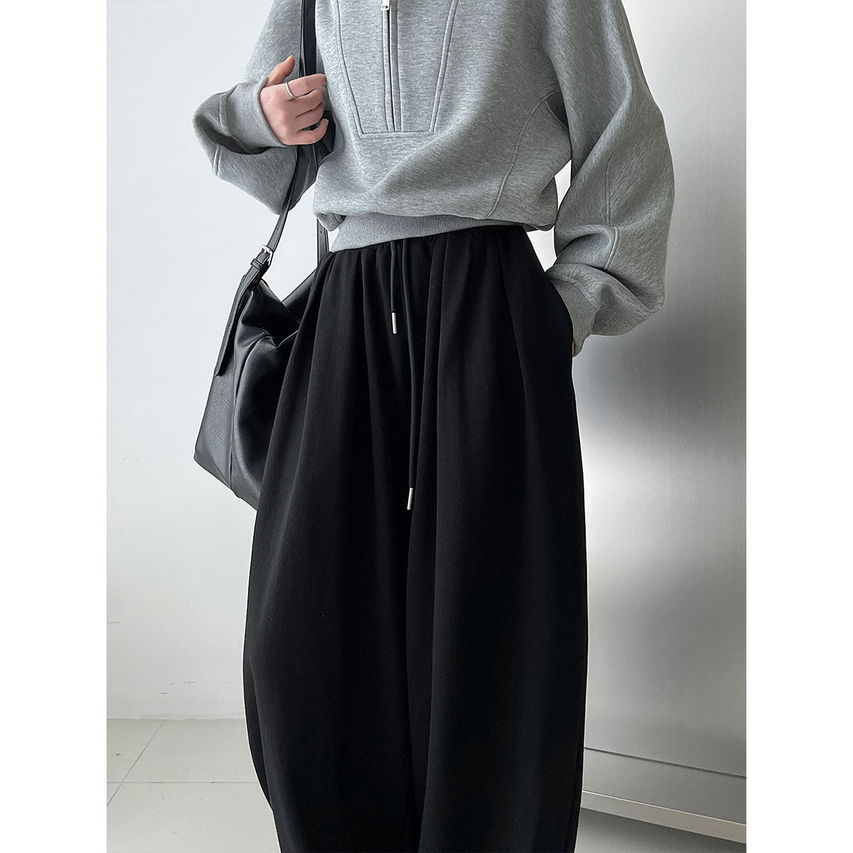 American sports high waist wide legs casual pleated design sweatpants women's autumn new drawstring drape trousers