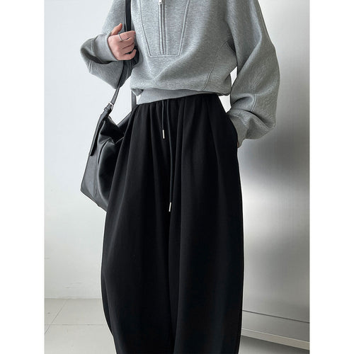American sports high waist wide legs casual pleated design sweatpants women's autumn new drawstring drape trousers