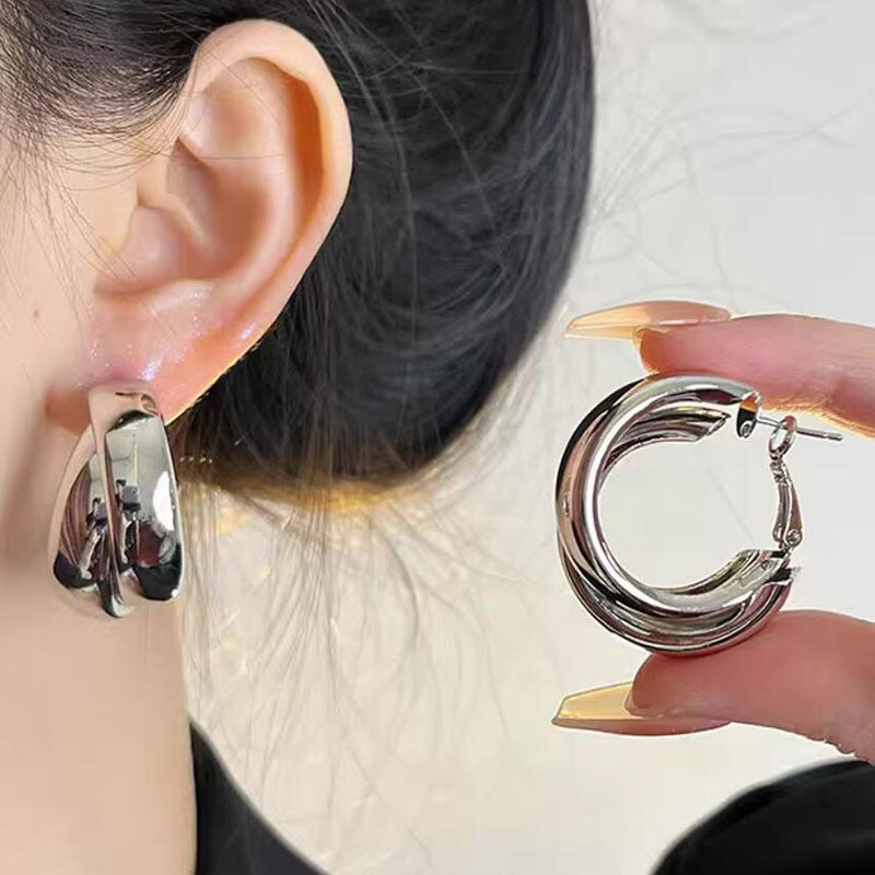 Cold wind metal double-layer circle earrings earrings niche high-end plain ring earrings fashion trend earrings