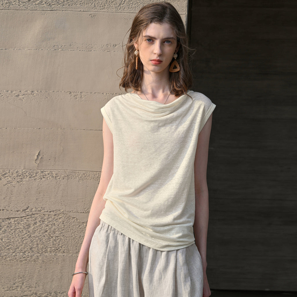 Hemp Sleeveless Top Women Slim Fit Swing Collar Knitted Shirt