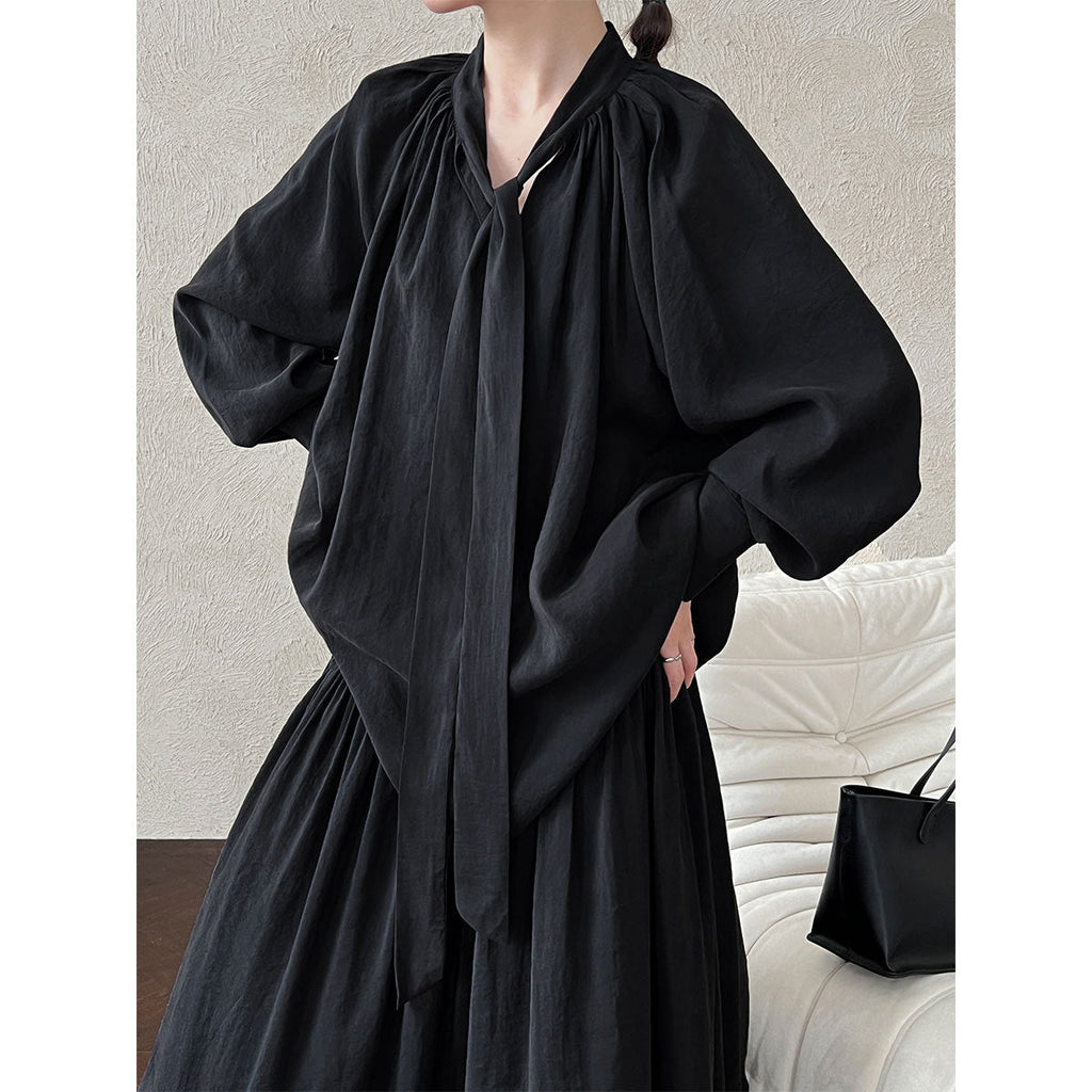 Korean temperament design sense streamer long-sleeved shirt + skirt women's autumn new lazy sense suit