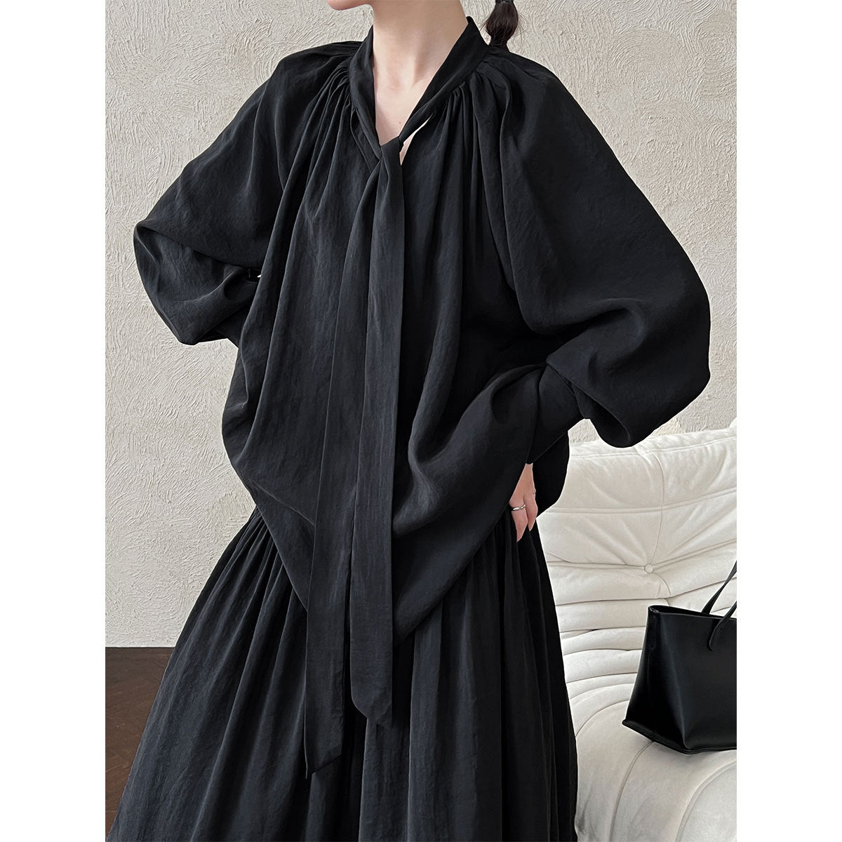 Korean temperament design sense streamer long-sleeved shirt + skirt women's autumn new lazy sense suit