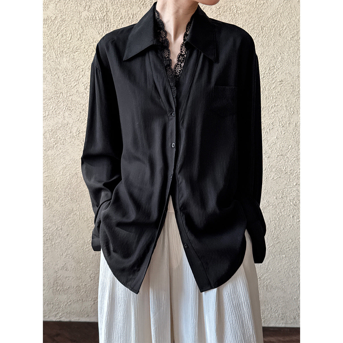 French polo collar lace splicing shirt women's spring new niche high-end temperament top