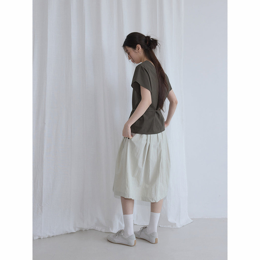 Summer new casual V-neck simple and transparent cotton one-sleeved solid color strap short-sleeved top