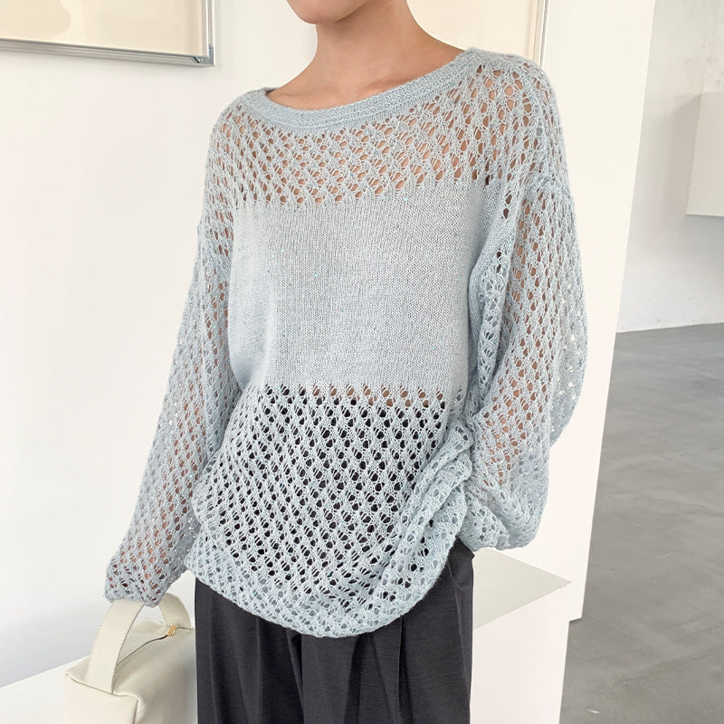 White hollow knitted sweater women's spring lazy wind loose sequined sunscreen blouse