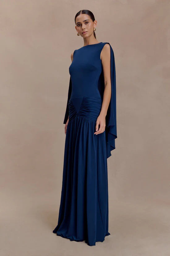 Fashion backless shawl hip skirt slim fit retro sexy pleated dress