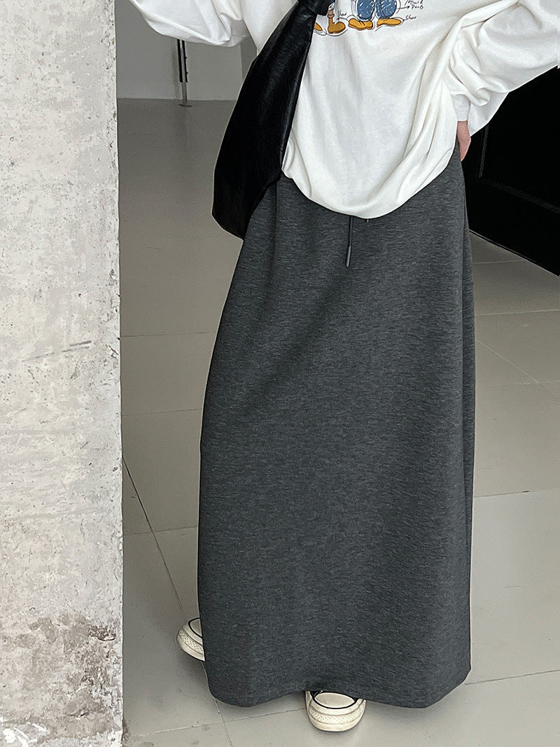 Commutingcasual lazy high waist drawstring skirt autumnew arrivaldrapedstripes slit long skirt