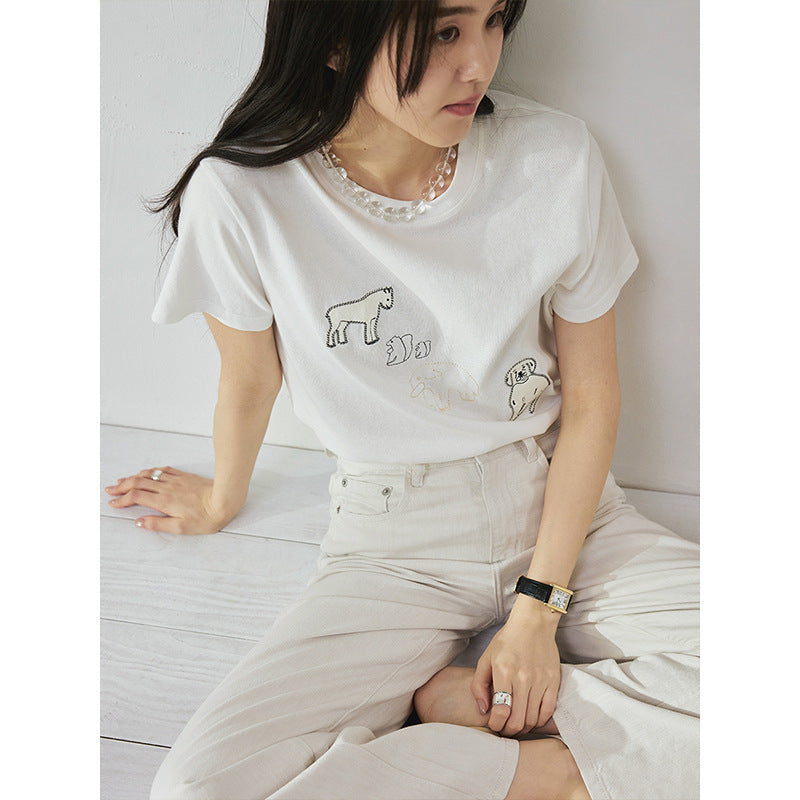 Patch cloth craft embroidery soft skin-friendly round neck short-sleeved loose T-shirt