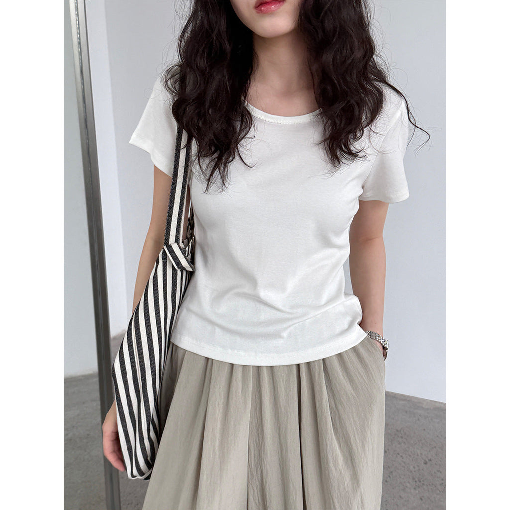 Korean version front shoulder short-sleeved T-shirt women's summer new back hollow waist round neck slim top