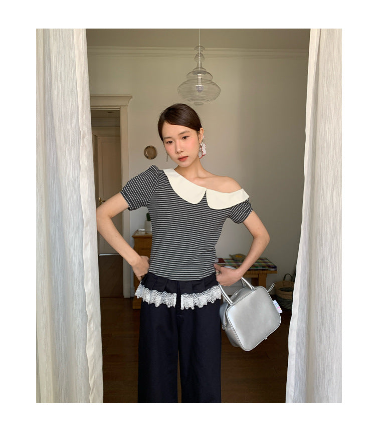 Striped Off-Shoulder Diagonal Neck Tee