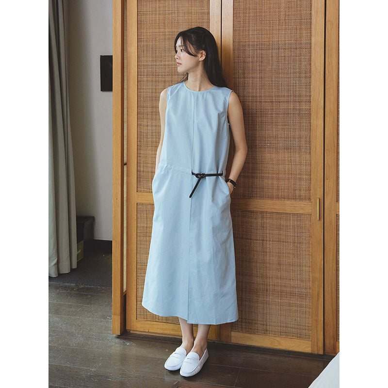 Crew neck linen cotton waist sleeveless vest dress