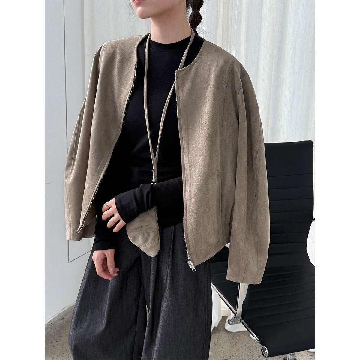 Retro maillard suede short outwear women's spring & fallnew arrival round neck casualelegantjacket