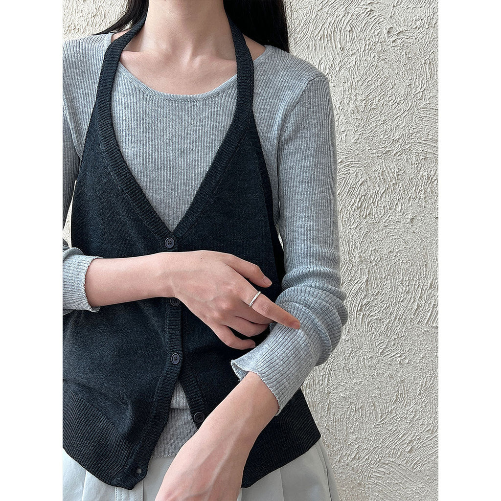 Korean simple round neck base · stacked neck vest women's autumn new lazy suit