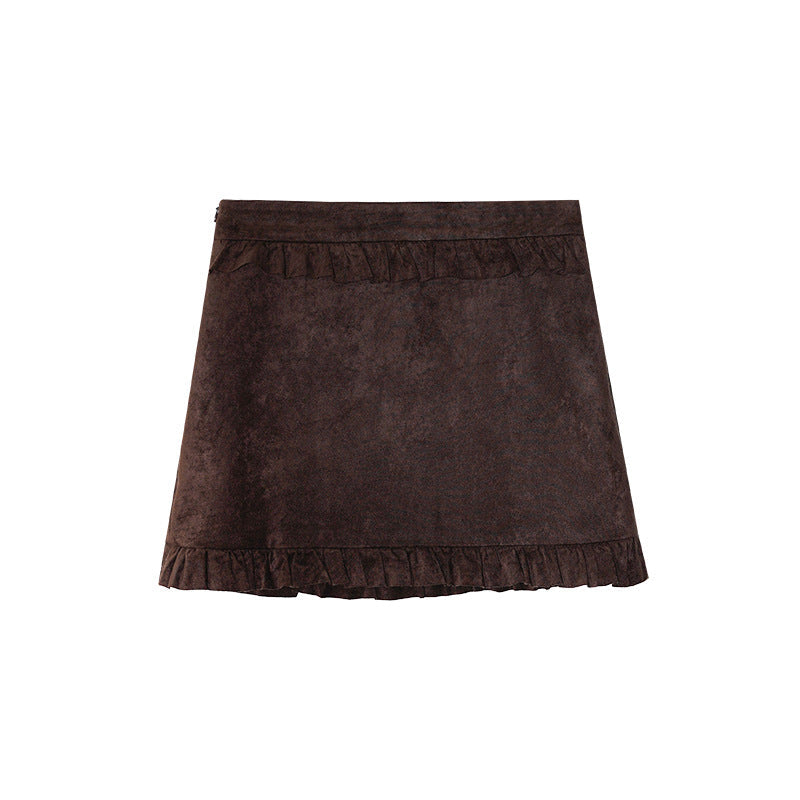 Coffee short skirt with fungus edge hem skirt