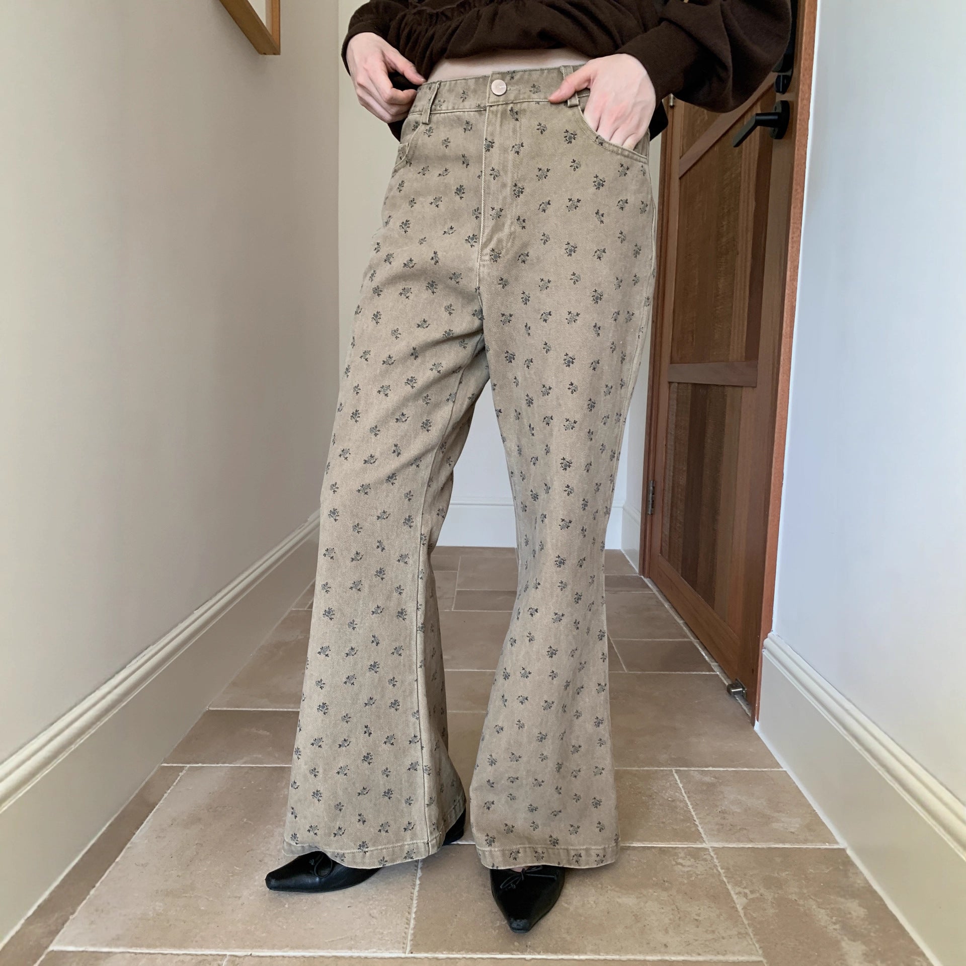 Women's High-Waist Floral Print Slim Cotton Jeans