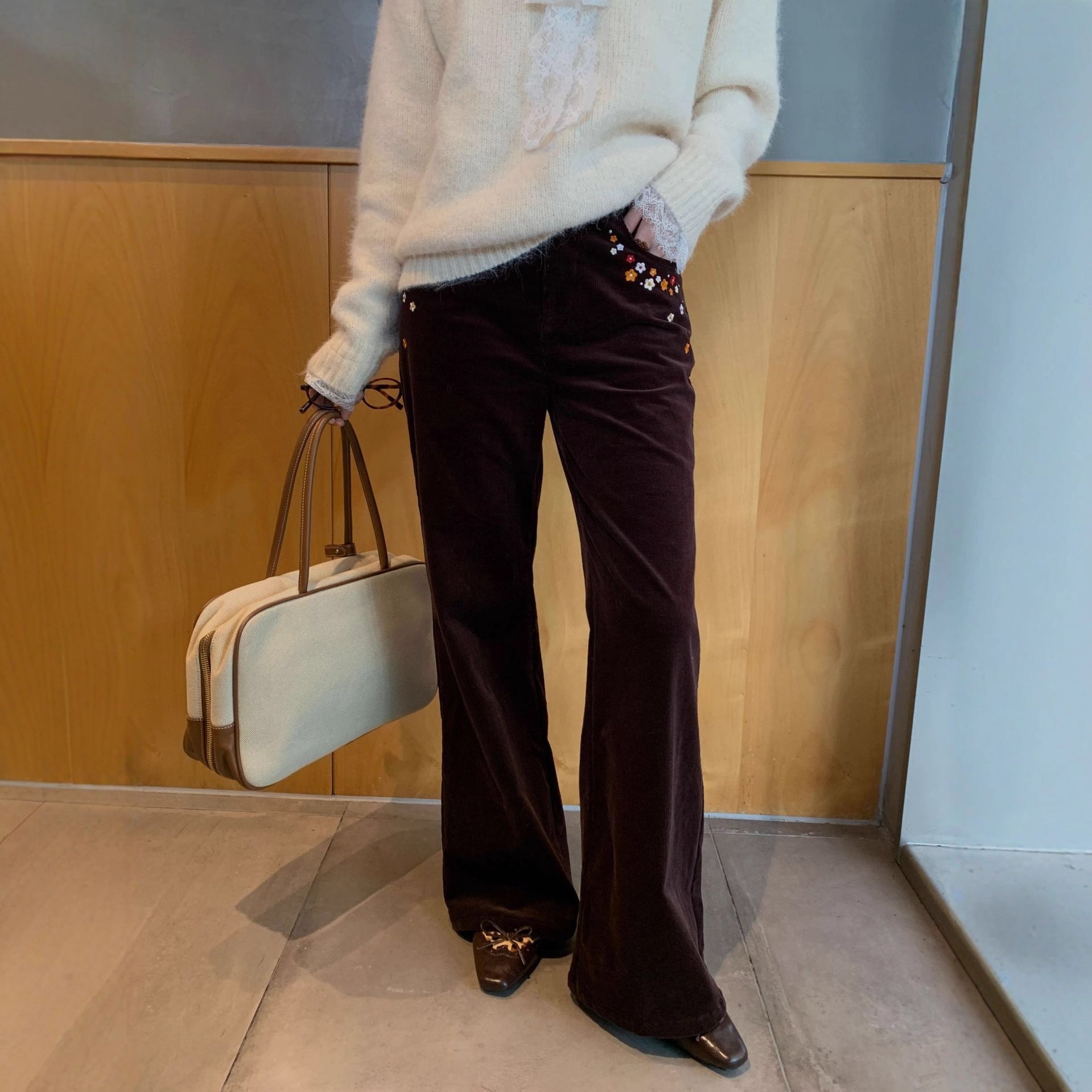 Casual fishtail pants embroidered bagged corduroy micro-pull pants women