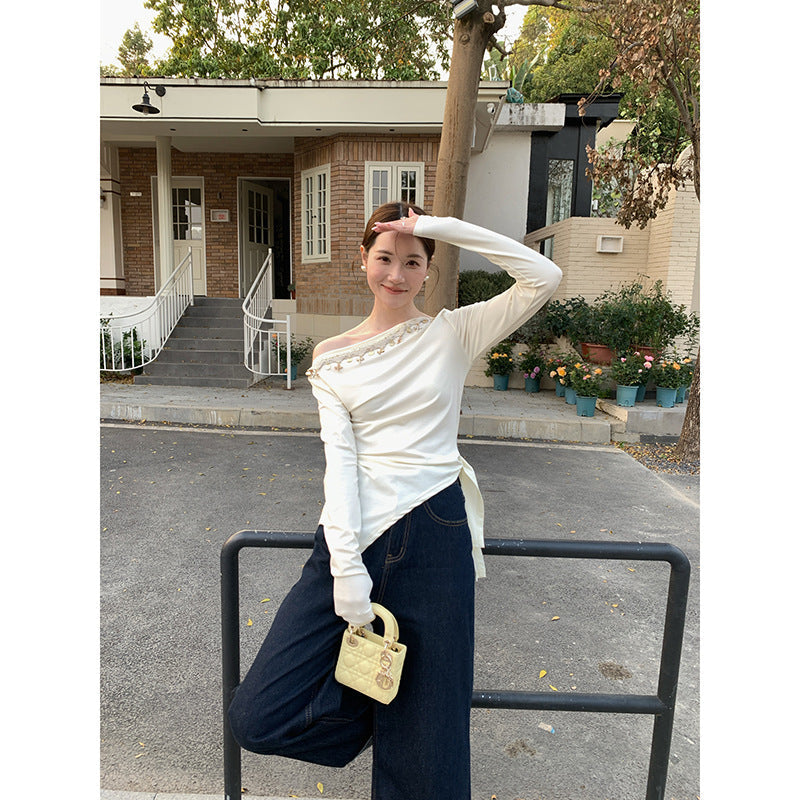 Spring French Pure Sweet and Spicy Design Slant Neck Off-Shoulder Top