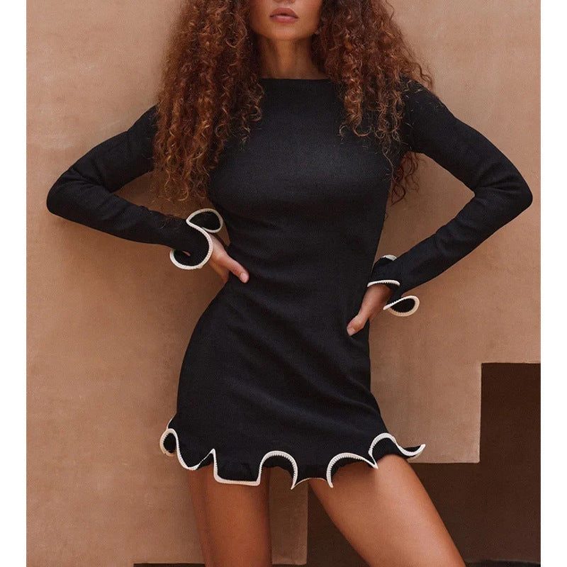 Spot sexy tight short skirt ruffle edge skirt long sleeve knitted dress skirt lace