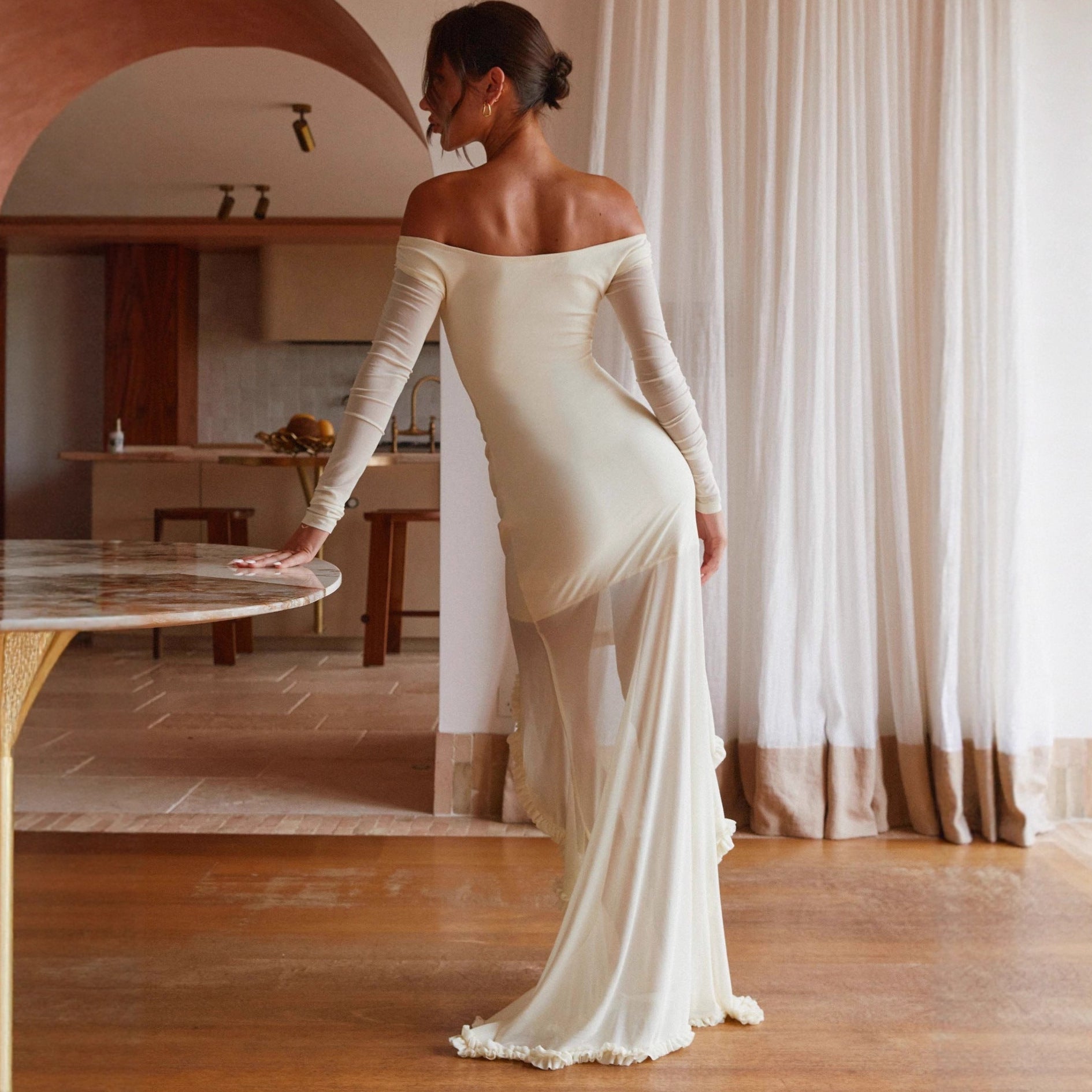 Fashion pleated irregular floor mopping dress sexy one-word shoulder dress