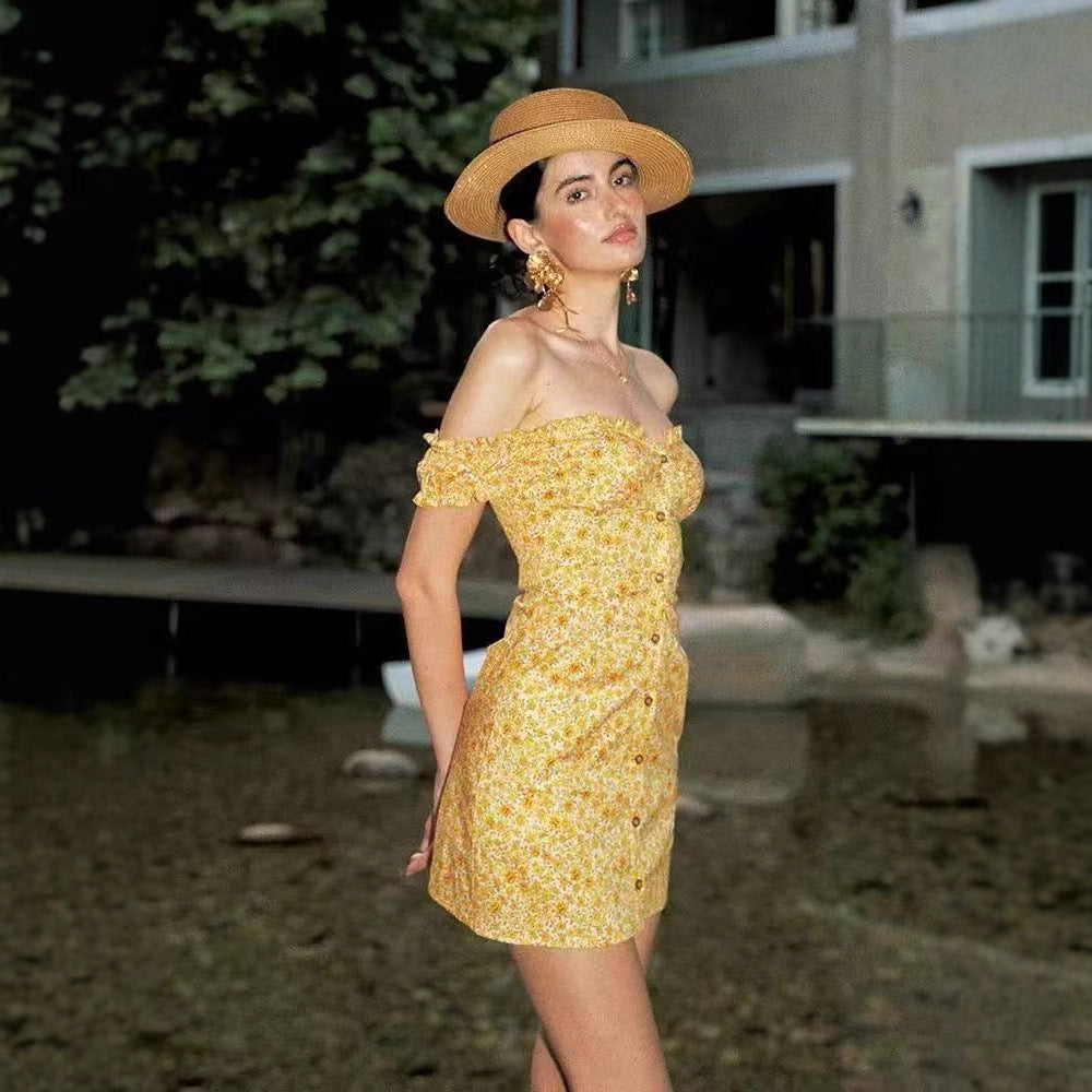 Holiday style single-breasted bubble sleeves one-word shoulder dress short skirt
