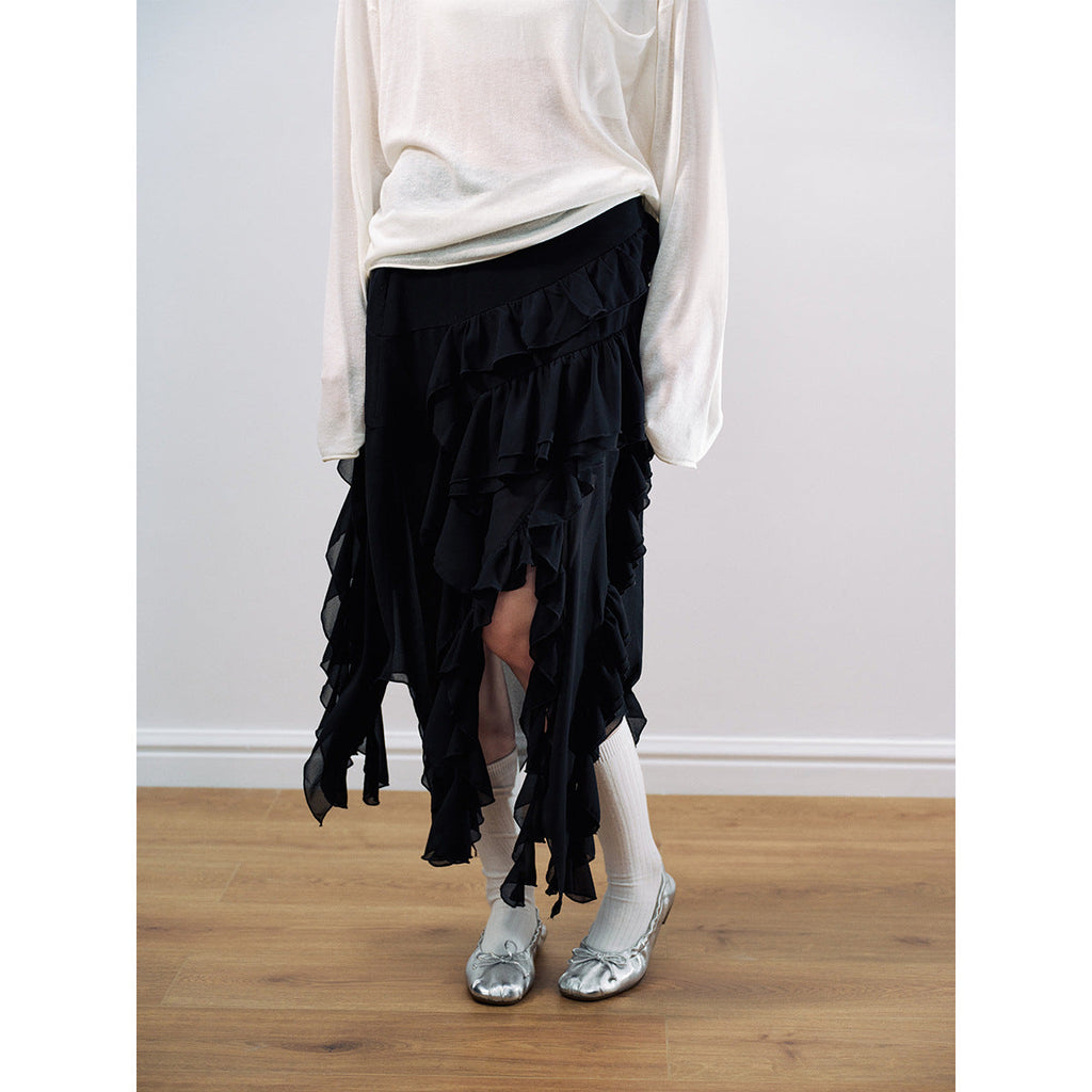 Spring new casual irregular easy solid color versatile medium and long skirt