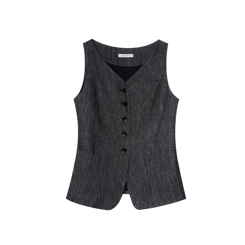 Early spring old money texture sleeveless linen single-breasted vest vest top