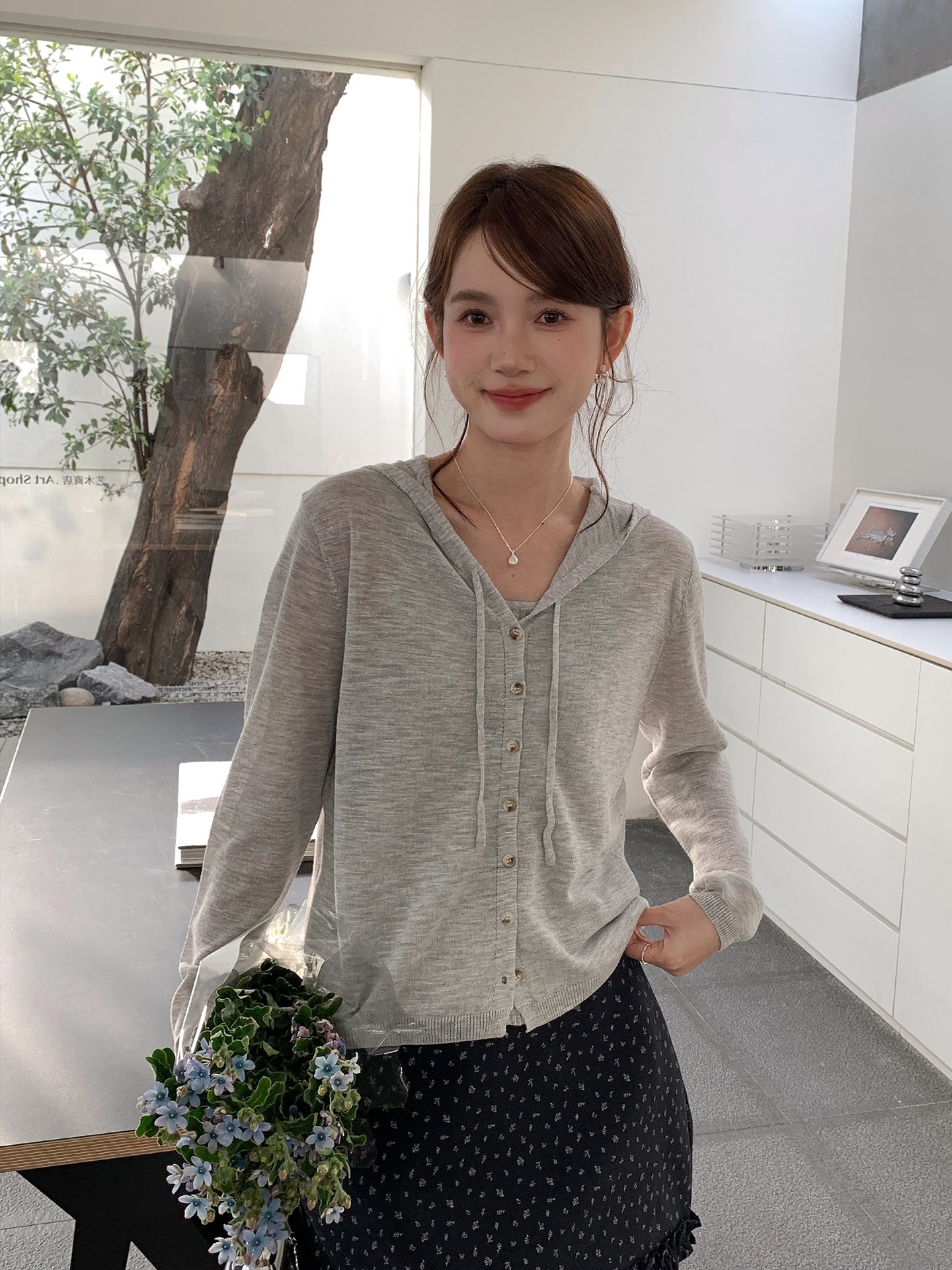Hooded Fake Two-Piece Tencel Knit Pullover Sweater