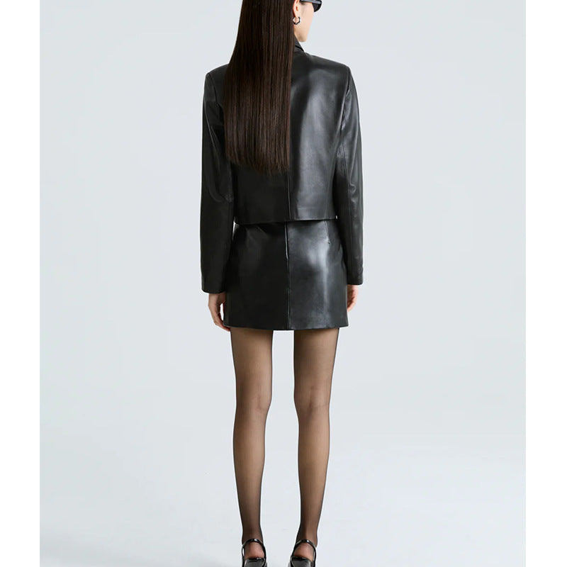 Lapel leather jacket jacket women's autumn and winter long-sleeved short trench coat