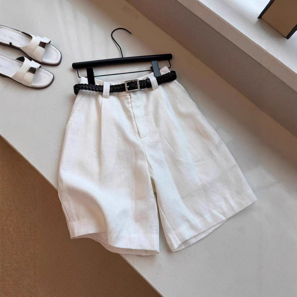 White linen high-waisted wide-leg shorts