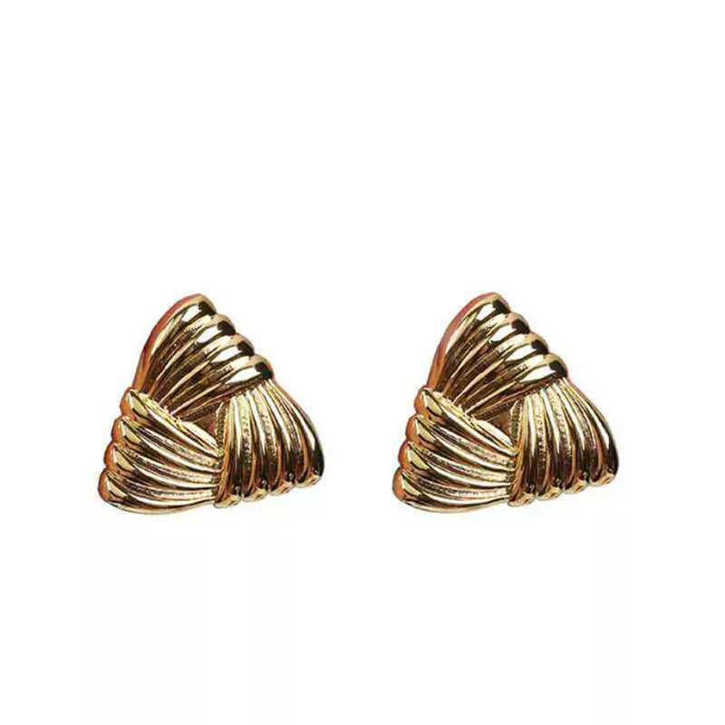 ins niche temperament retro feather pleated earrings women's gold striped wrapped triangular stud earrings