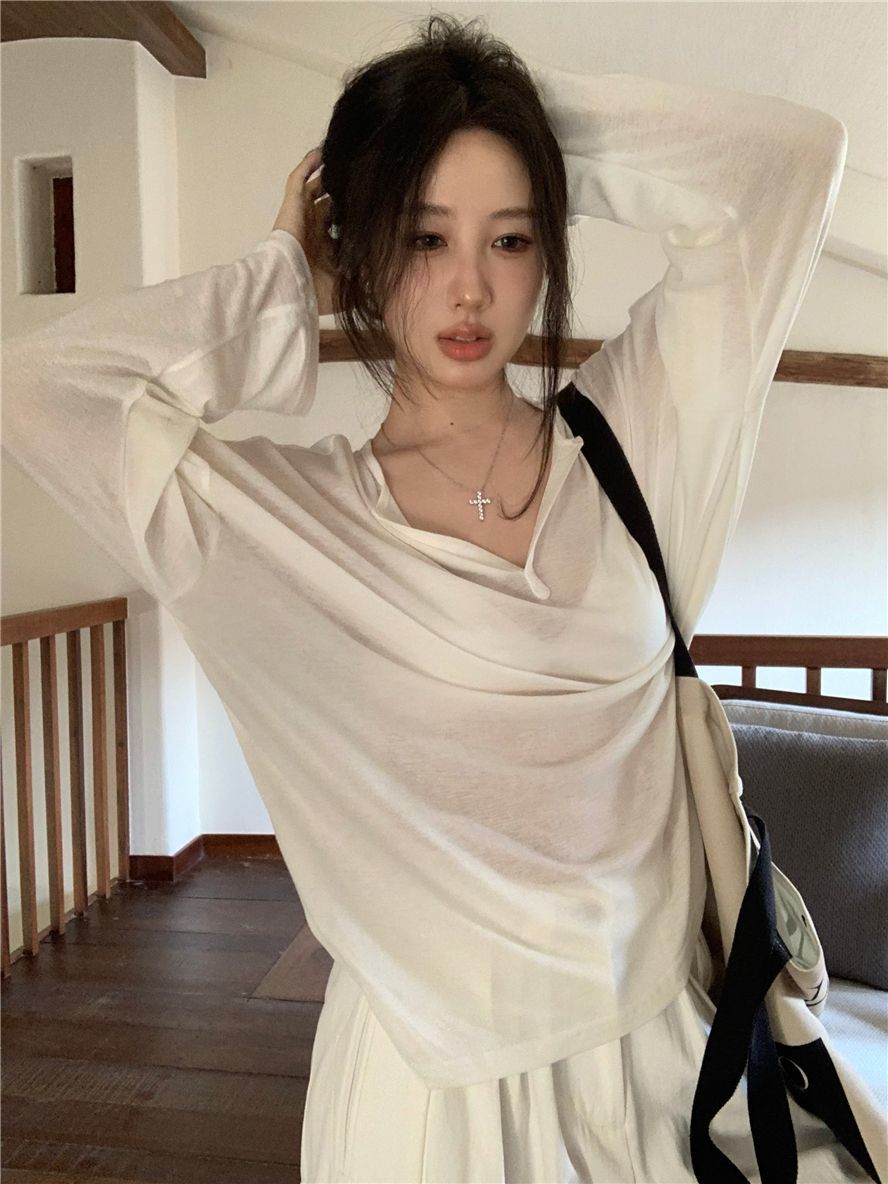 V-Neck Long Sleeve T-Shirt Women Loose Fit Ribbed Sheer Cover-Up