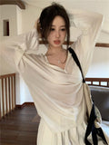 V-Neck Long Sleeve T-Shirt Women Loose Fit Ribbed Sheer Cover-Up