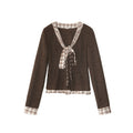 Sweet Bow Checked Ribbon Knitted Bottom Shirt