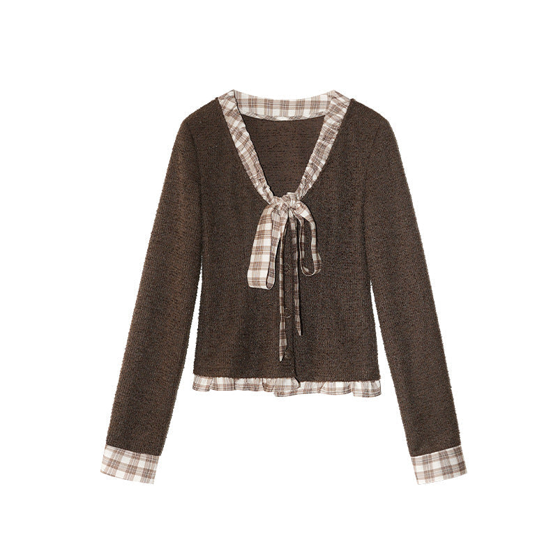 Sweet Bow Checked Ribbon Knitted Bottom Shirt