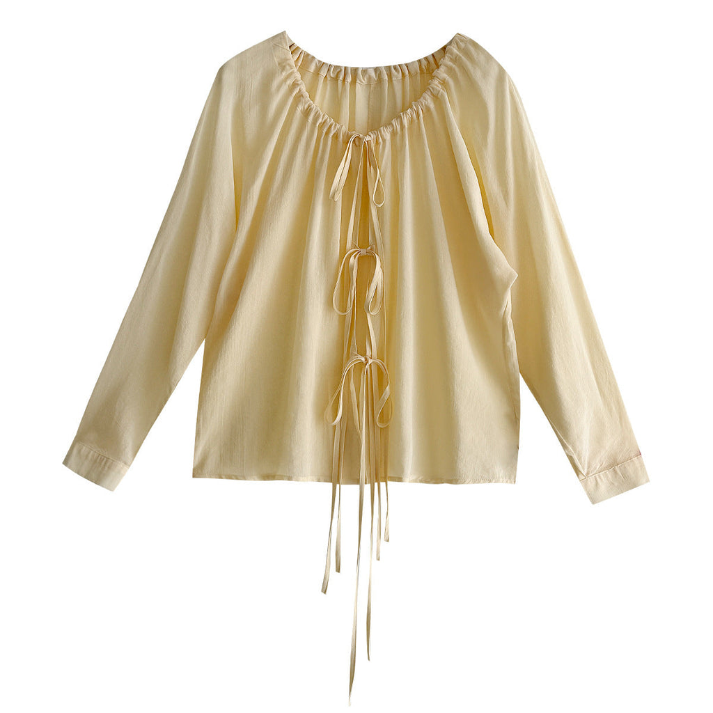 Korean drawstring shirt top women's spring new V-neck sunscreen shirt lace-up cardigan
