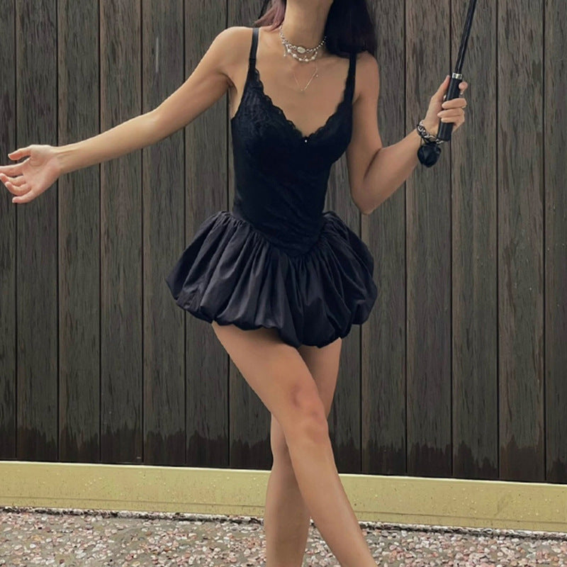 Slim lace splicing sexy hottie puffy skirt waist thin suspender dress