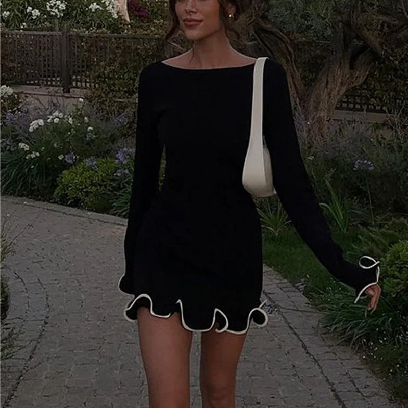 New arrangement sexy long sleeve short skirt fungus edge knitted hot girl dress autumn and winter skirt