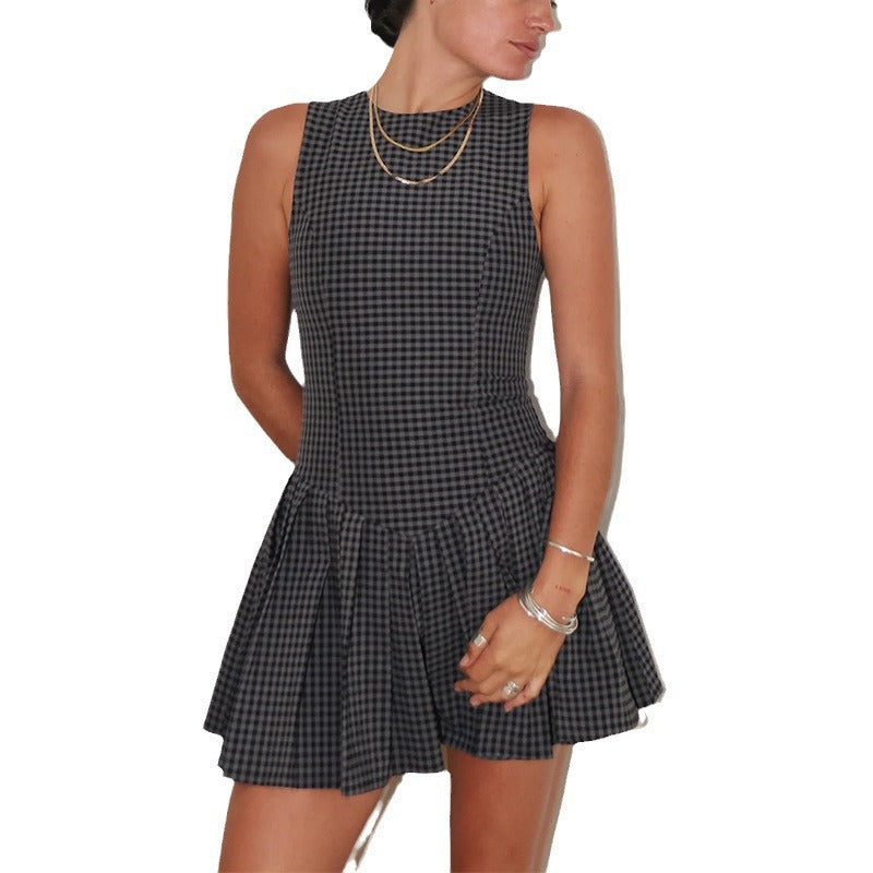 New temperament A-word plaid short skirt fashion design sense contrasting color plaid sleeveless dress women