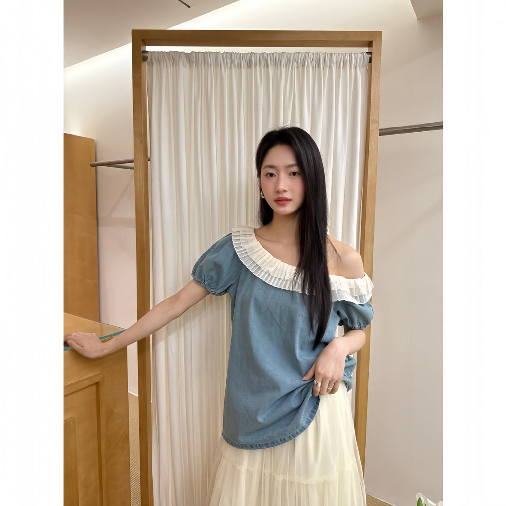 French style retro shirt women's fungus edge denim slanted shoulder top